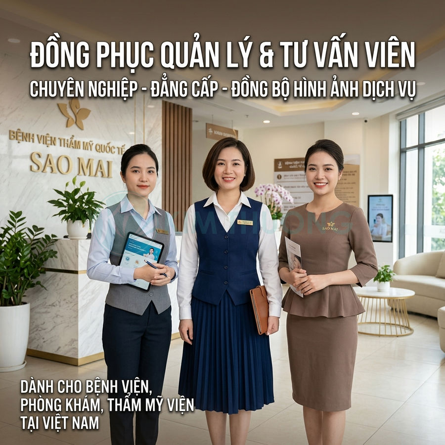 Đồng phục quản lý và tư vấn viên bệnh viện thẩm mỹ Sao Mai, thiết kế lịch sự chuyên nghiệp trong sảnh tiếp đón