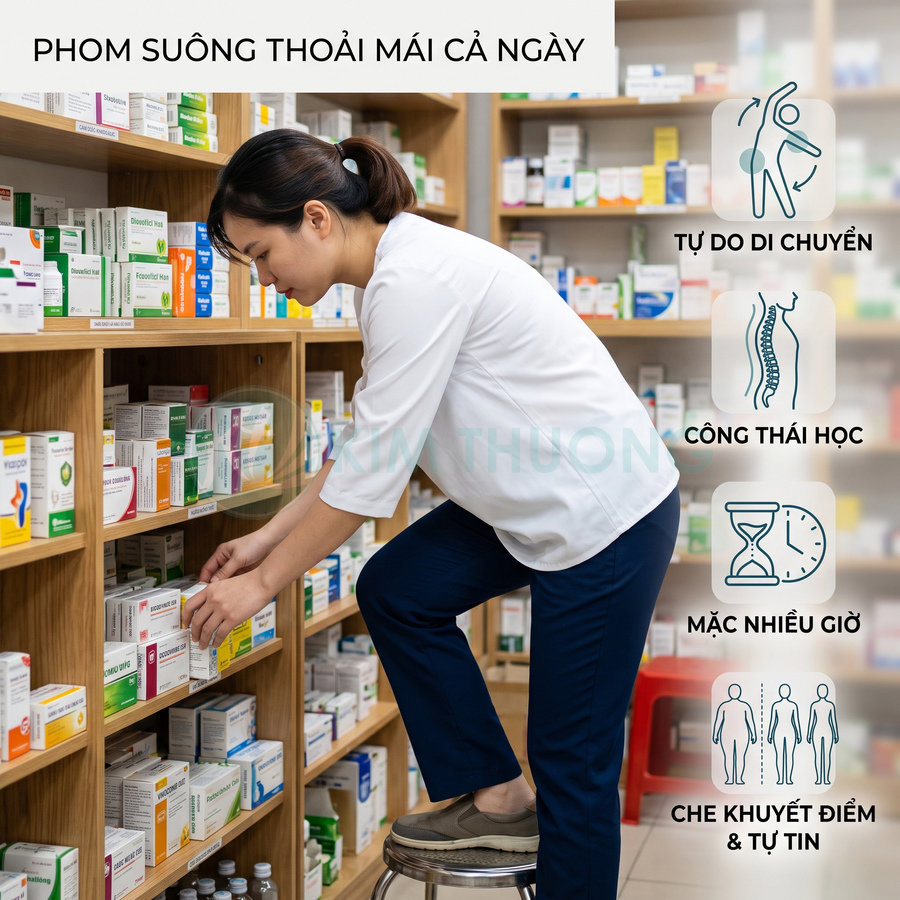 Quần áo đồng phục dược sĩ phom suông thoải mái, dễ vận động khi sắp xếp thuốc trên kệ