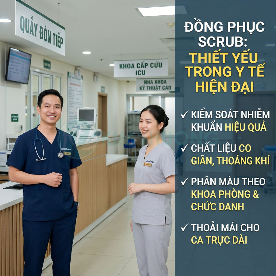 Đồng phục scrub y tế hiện đại cho bác sĩ và y tá, chất liệu co giãn thoáng khí, phù hợp ca trực dài