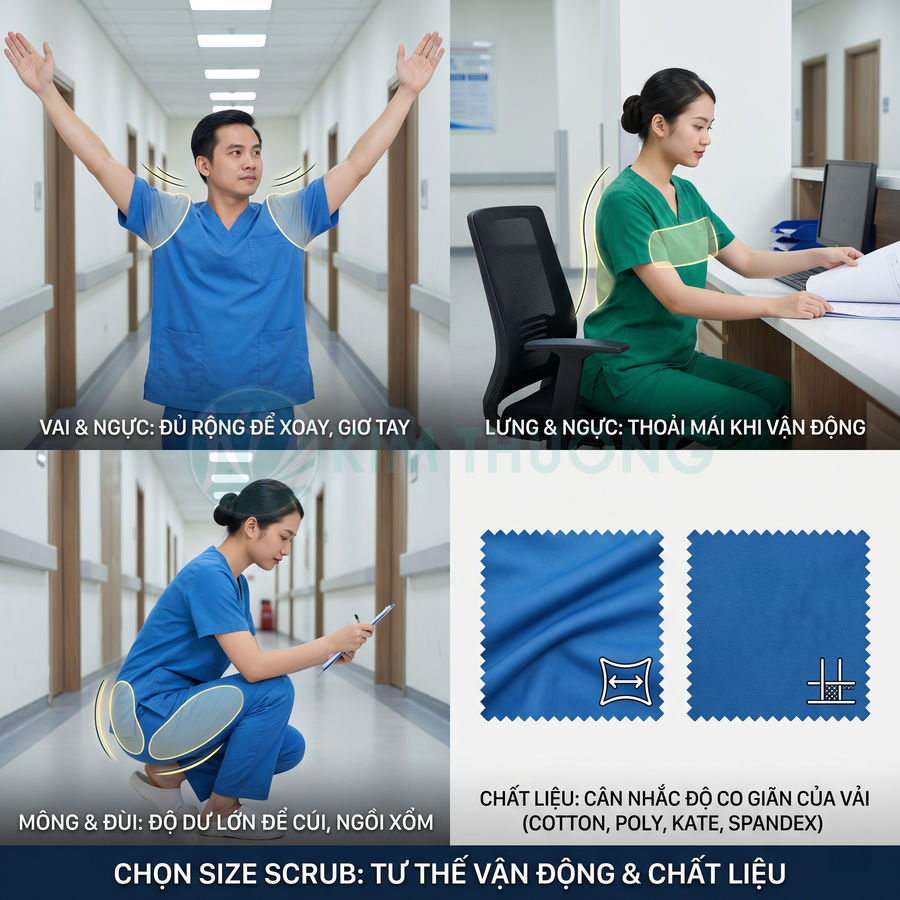 Đồng phục y tá scrub xanh dương và xanh lá co giãn thoải mái, phù hợp nhiều tư thế vận động trong bệnh viện