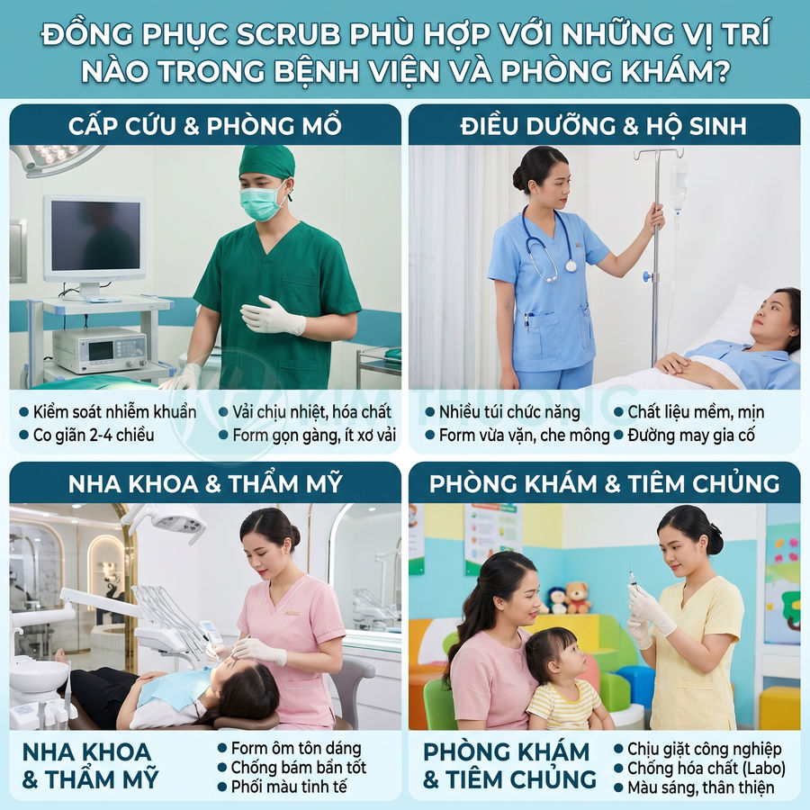 Đồng phục scrub y tế cho bác sĩ, điều dưỡng, nha khoa và phòng khám tiêm chủng trong bệnh viện