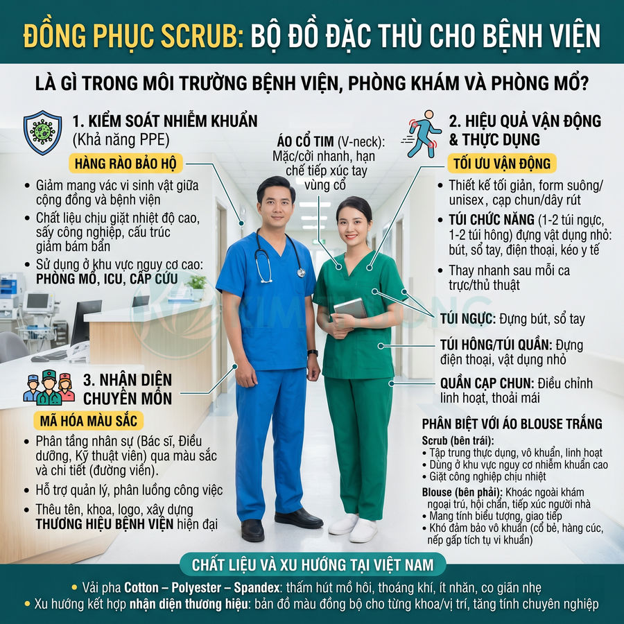 Hai nhân viên y tế mặc đồng phục scrub xanh dương và xanh lá đứng trong bệnh viện, cầm ống nghe và hồ sơ