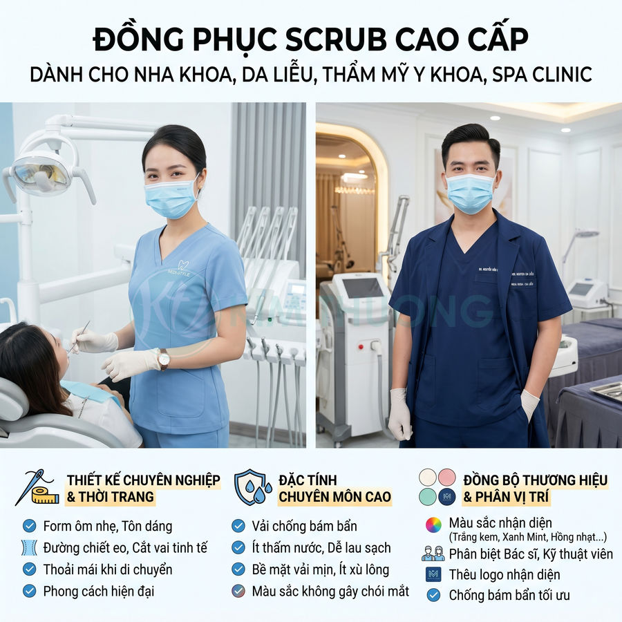 Đồng phục scrub y khoa cao cấp màu xanh cho bác sĩ và nhân viên nha khoa, thẩm mỹ, spa clinic