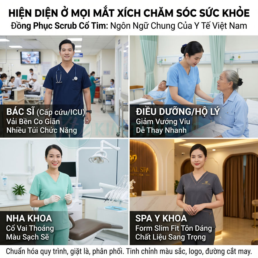 Đồng phục scrub cổ tim cho bác sĩ, điều dưỡng, nha khoa và spa y khoa trong môi trường chăm sóc sức khỏe