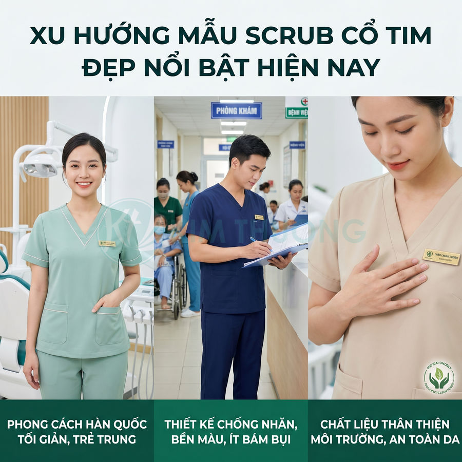 Đồng phục scrub cổ tim cho nhân viên y tế với nhiều màu sắc, thiết kế trẻ trung, chống nhăn, chất liệu an toàn da