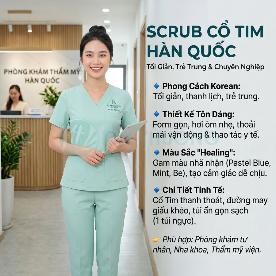 Đồng phục scrub cổ tim màu xanh mint cho nhân viên y tế tại phòng khám thẩm mỹ Hàn Quốc