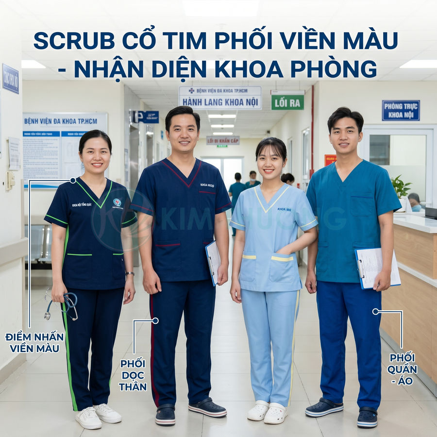Đồng phục scrub cổ tim phối viền màu cho bác sĩ y tá bệnh viện, nhiều màu sắc giúp nhận diện khoa phòng