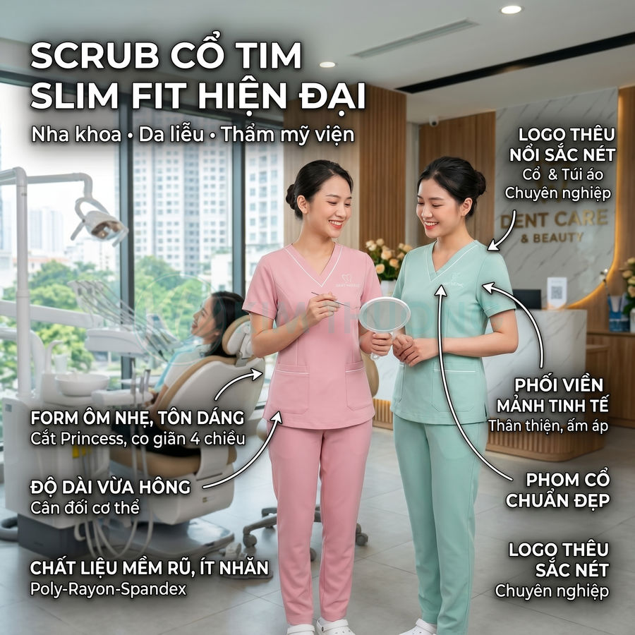 Đồng phục scrub cổ tim slim fit màu hồng và xanh mint cho nha khoa thẩm mỹ, chất liệu mềm ít nhăn, tôn dáng chuyên nghiệp
