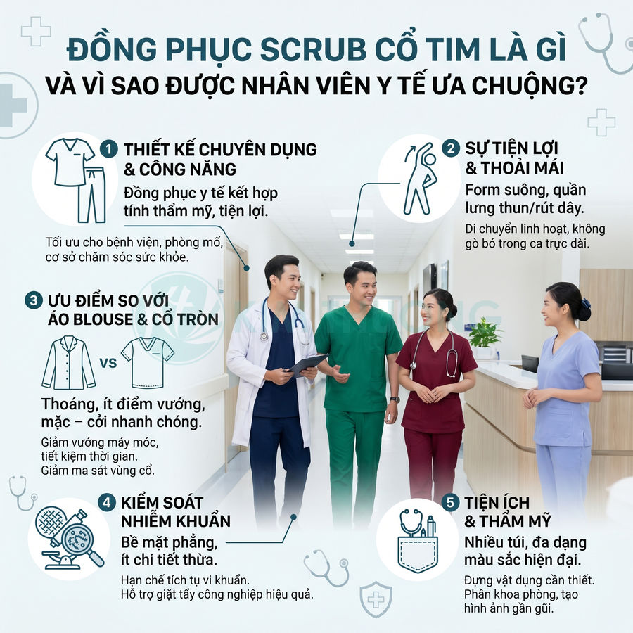 Nhân viên y tế mặc đồng phục scrub cổ tim nhiều màu trong hành lang bệnh viện hiện đại
