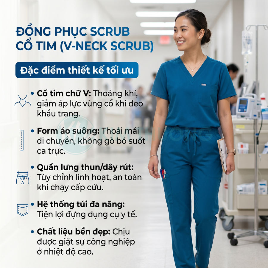 Đồng phục scrub cổ tim màu xanh cho nhân viên y tế với quần lưng thun và nhiều túi tiện dụng