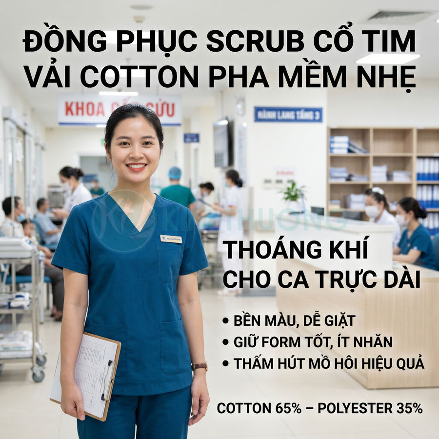 Đồng phục scrub y tá cổ tim màu xanh chất liệu cotton pha thoáng khí trong bệnh viện
