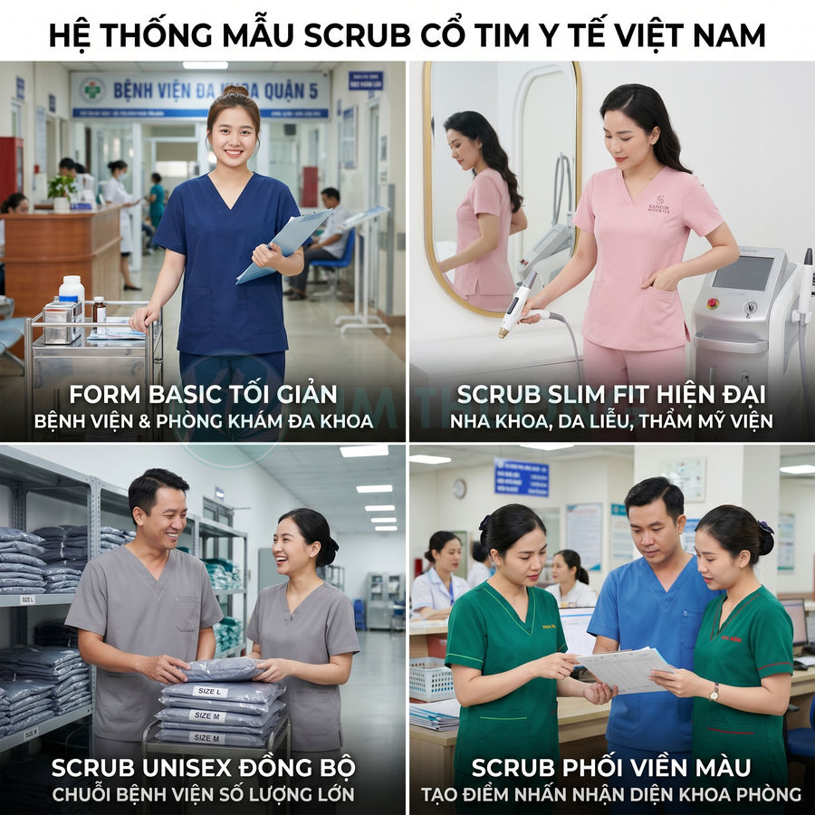 Các mẫu đồng phục scrub cổ tim cho nhân viên y tế Việt Nam trong bệnh viện và phòng khám