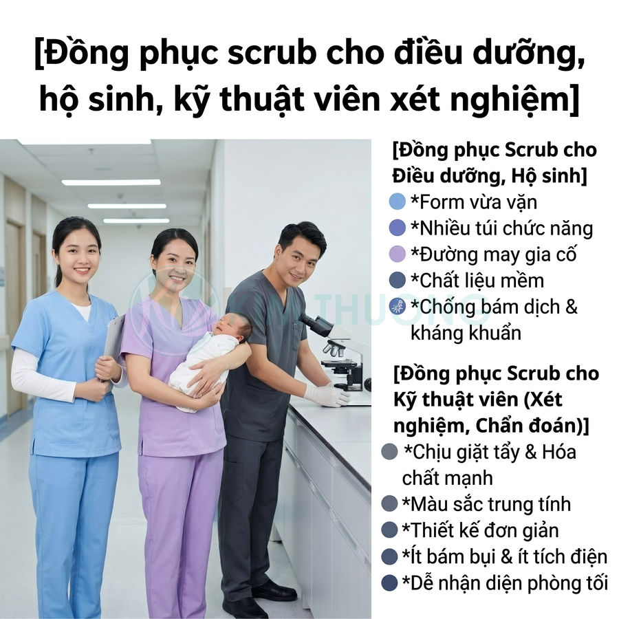 Đồng phục scrub y tế cho điều dưỡng, hộ sinh và kỹ thuật viên xét nghiệm trong bệnh viện hiện đại