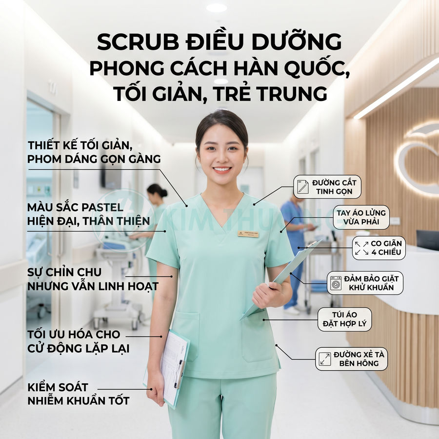 Đồng phục scrub điều dưỡng màu xanh pastel phong cách Hàn Quốc, thiết kế tối giản trẻ trung trong bệnh viện hiện đại