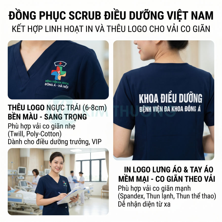Đồng phục scrub điều dưỡng màu xanh navy thêu logo Bệnh viện Đa khoa Đông Á trước ngực và in chữ Khoa Điều Dưỡng sau lưng