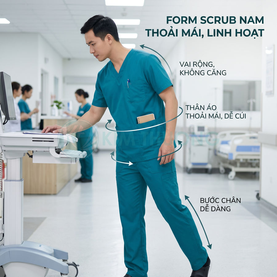 Bộ đồ scrub nam màu xanh cho bác sĩ, thiết kế rộng rãi thoải mái trong bệnh viện