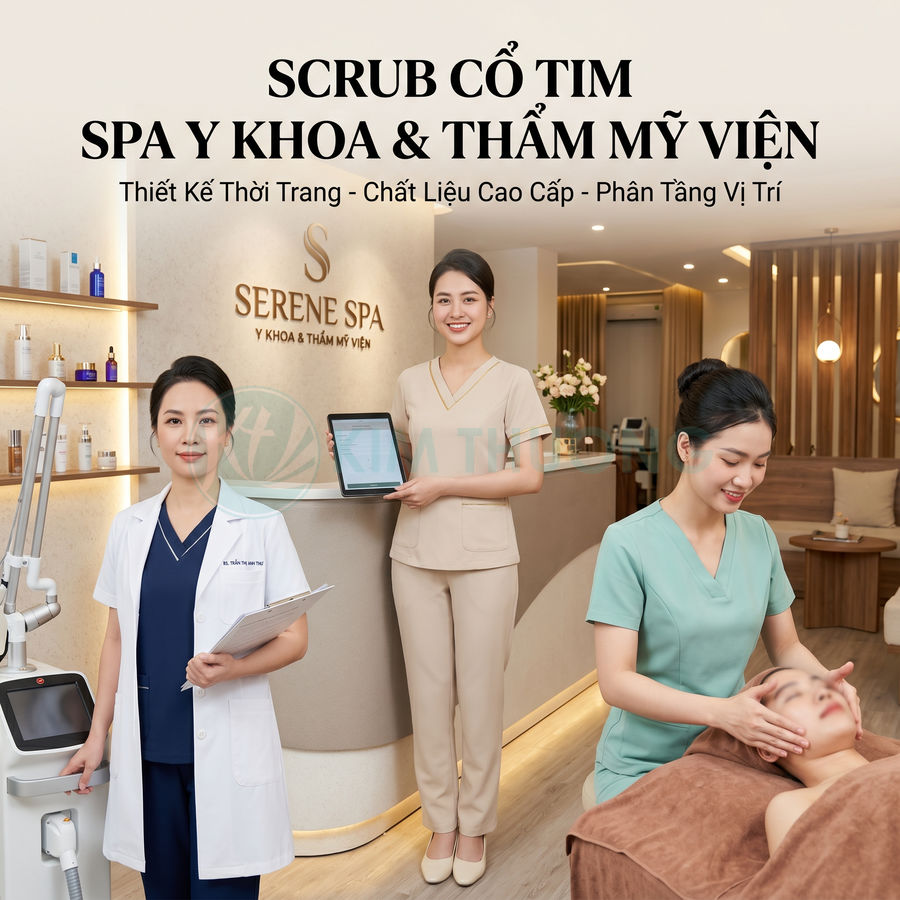 Đồng phục scrub cổ tim cho nhân viên spa y khoa thẩm mỹ viện Serene Spa cao cấp