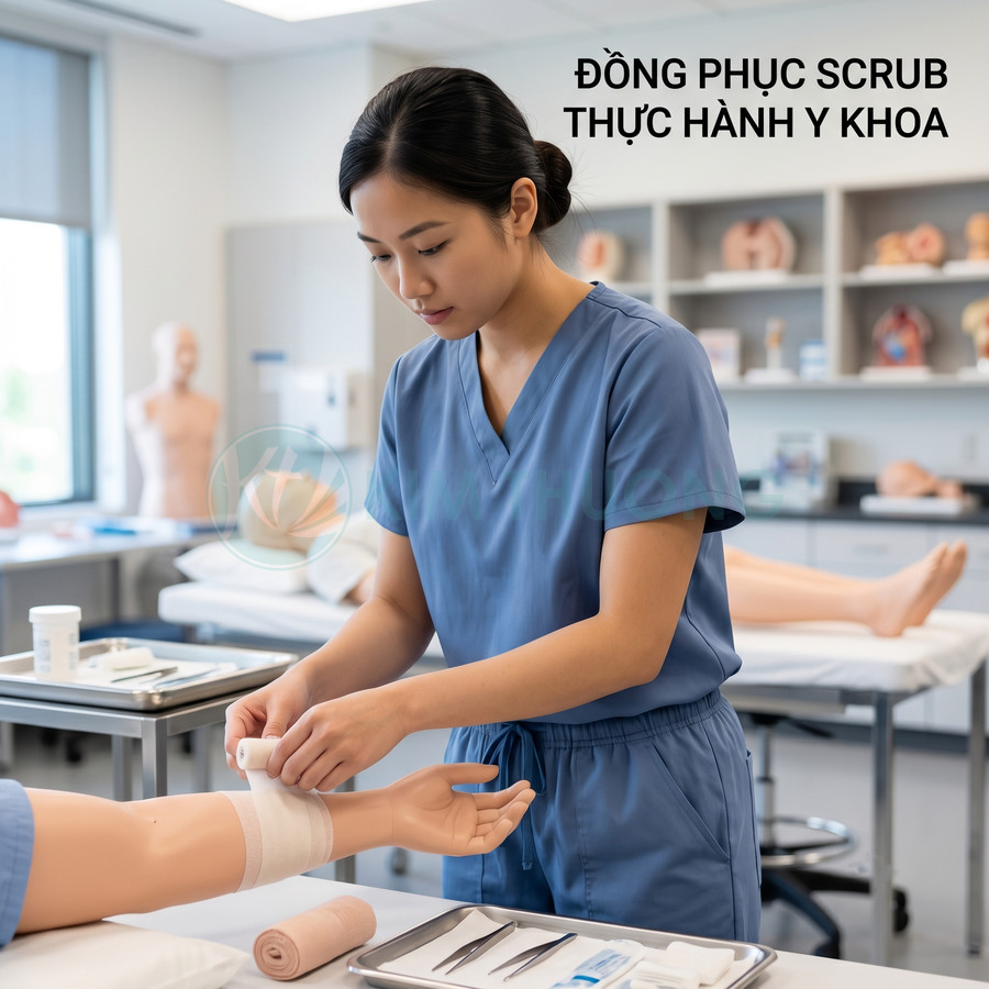 Đồng phục scrub y khoa màu xanh dương cho sinh viên thực hành băng bó vết thương