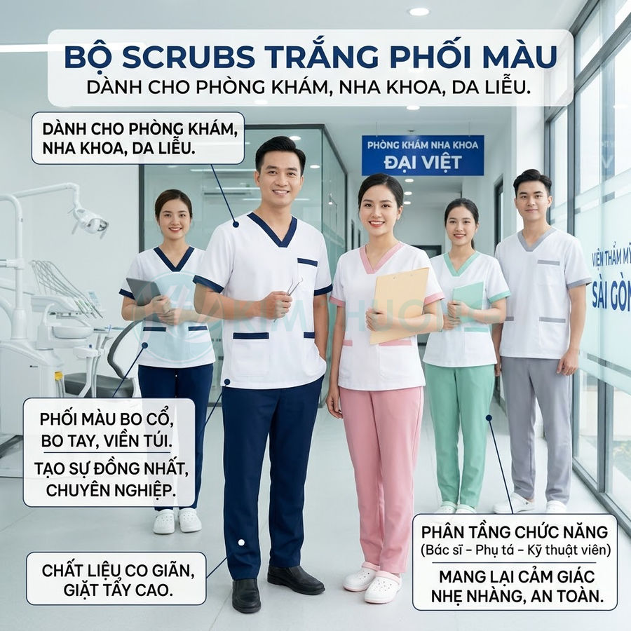 Nhóm nhân viên y tế mặc bộ scrubs trắng phối màu cho phòng khám nha khoa da liễu