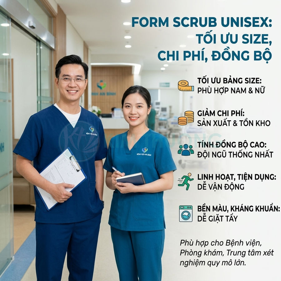 Hai nhân viên y tế mặc đồng phục scrub unisex màu xanh đứng trong sảnh bệnh viện
