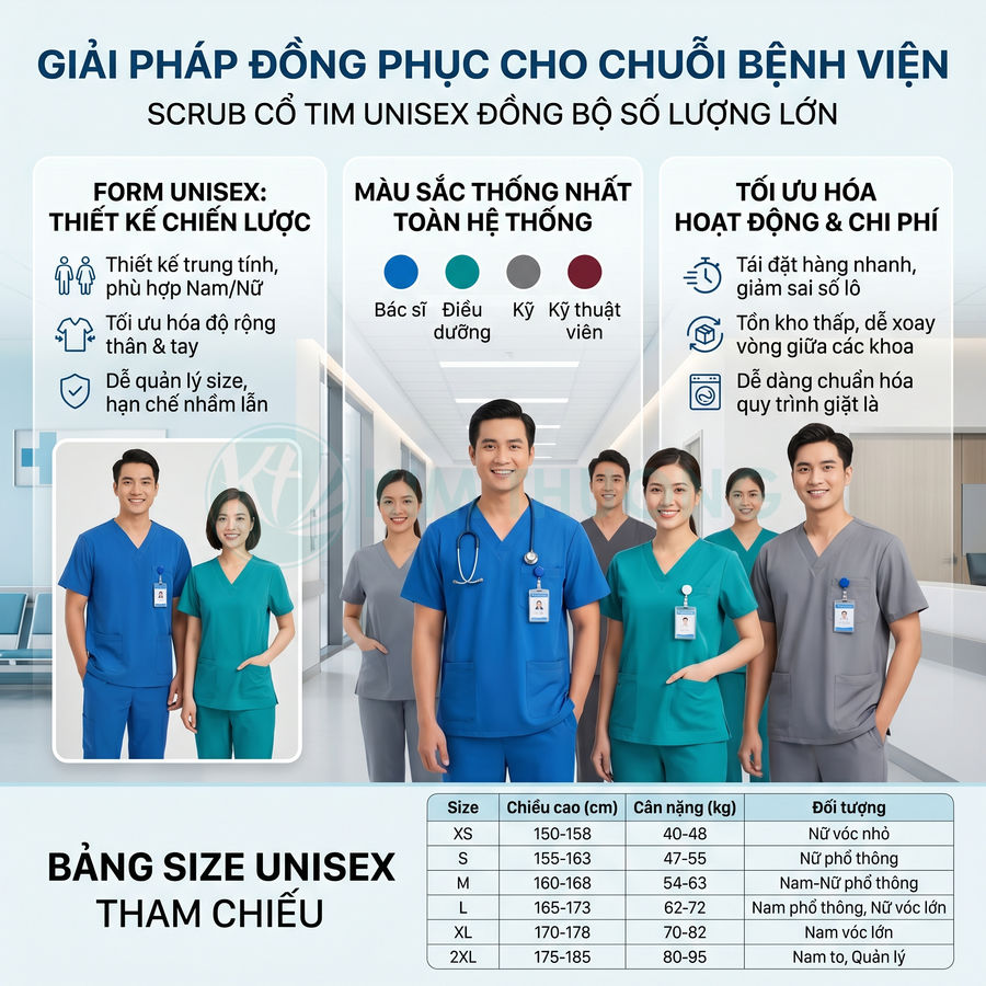 Nhóm bác sĩ y tá mặc đồng phục scrub cổ tim unisex nhiều màu trong hành lang bệnh viện