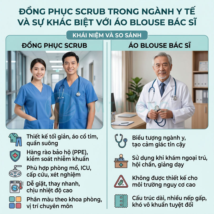 So sánh đồng phục scrub màu xanh và áo blouse bác sĩ trắng trong môi trường bệnh viện