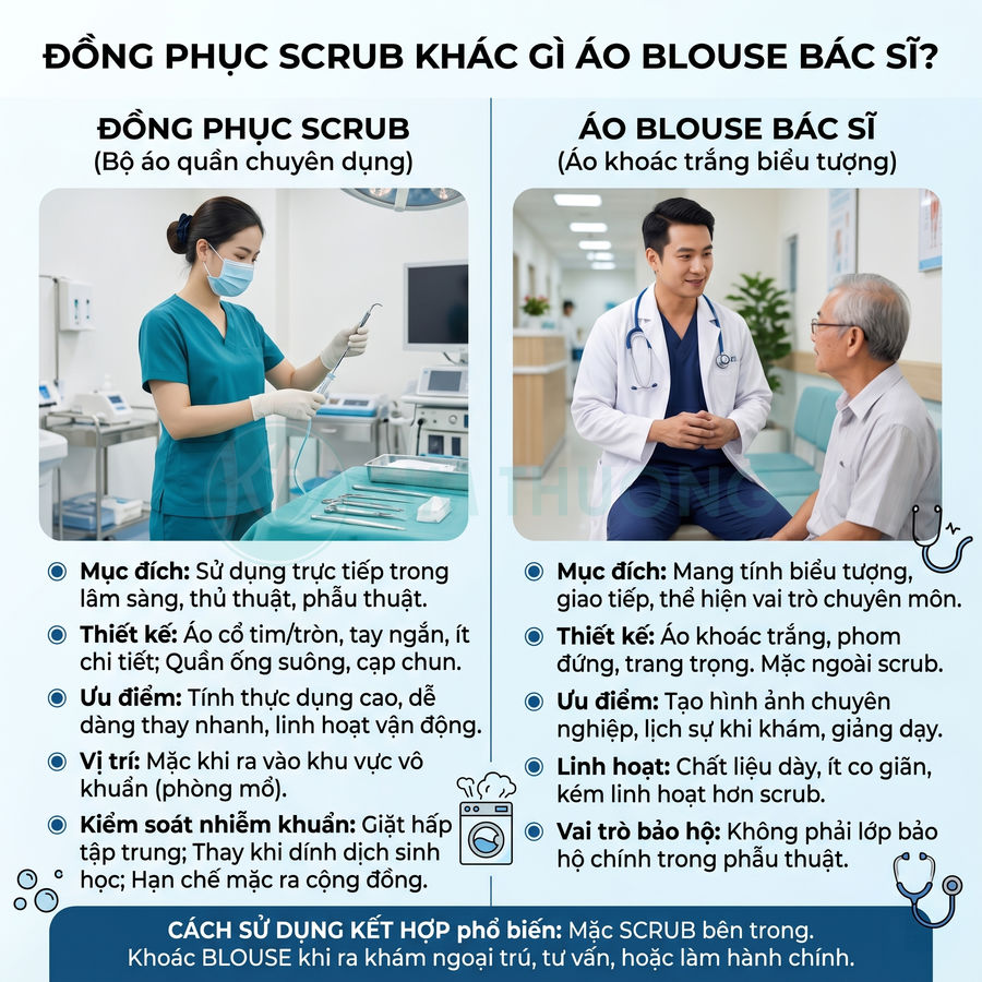 So sánh đồng phục scrub màu xanh và áo blouse trắng bác sĩ trong bệnh viện, nêu mục đích, thiết kế và ưu điểm