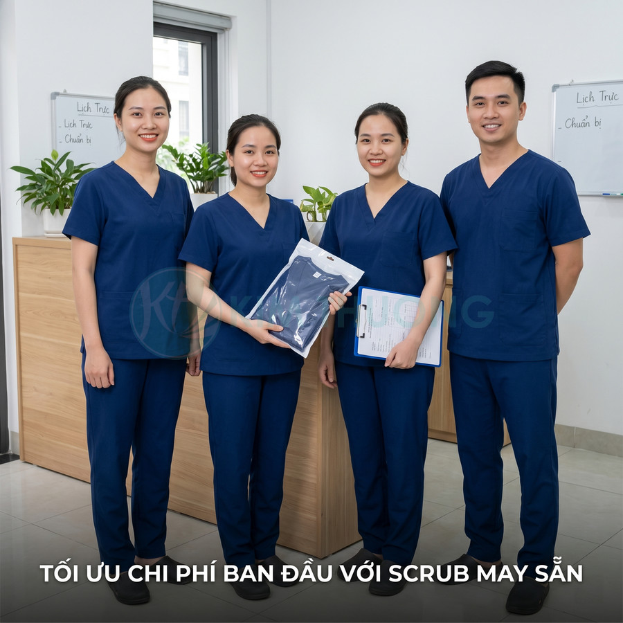 Nhân viên y tế mặc đồng phục scrub màu xanh navy đứng trong phòng khám hiện đại