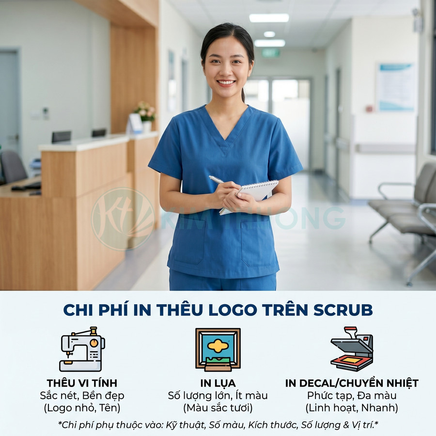 Đồng phục scrub y tá màu xanh dương và bảng giá in thêu logo trên áo scrub