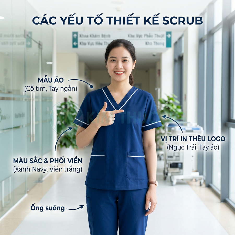 Nữ nhân viên y tế mặc bộ scrub xanh navy viền trắng, đứng trong hành lang bệnh viện, chỉ tay vào áo