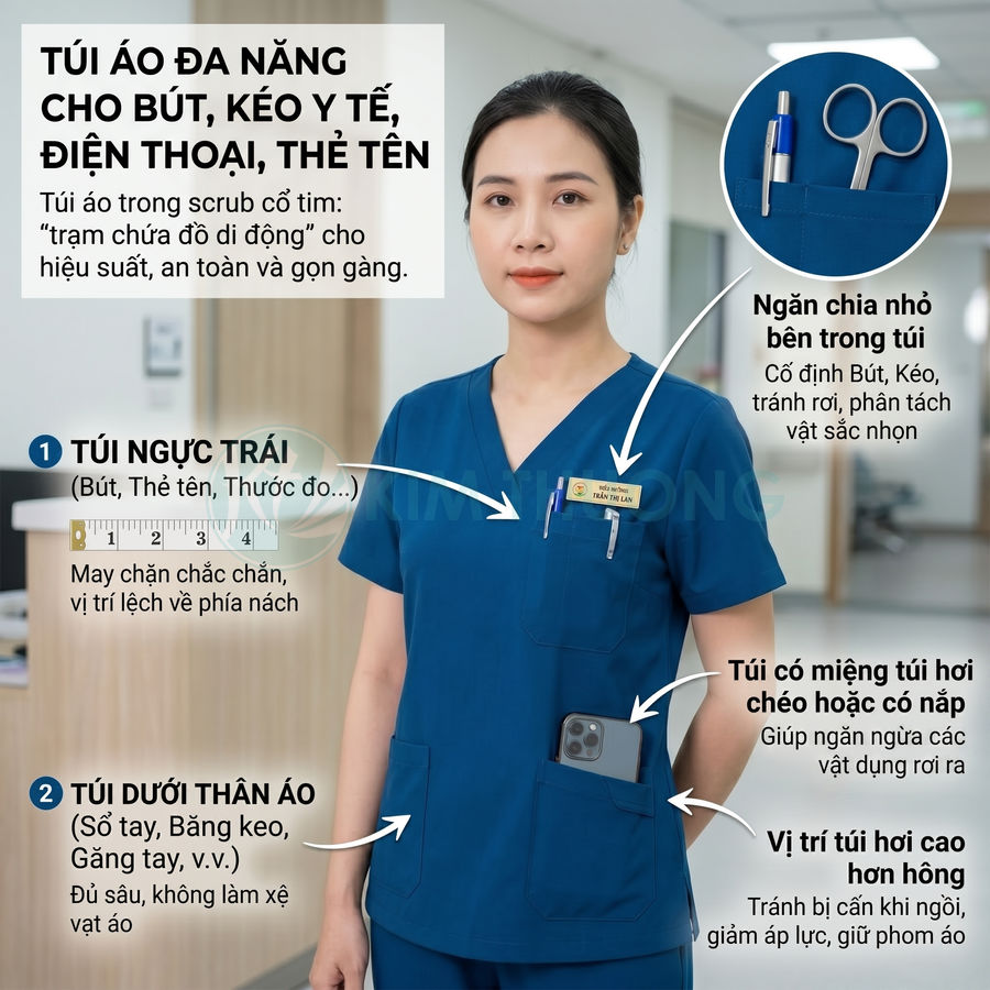 Nữ nhân viên y tế mặc scrub xanh có nhiều túi tiện dụng đựng bút, kéo y tế, bảng tên và điện thoại iPhone