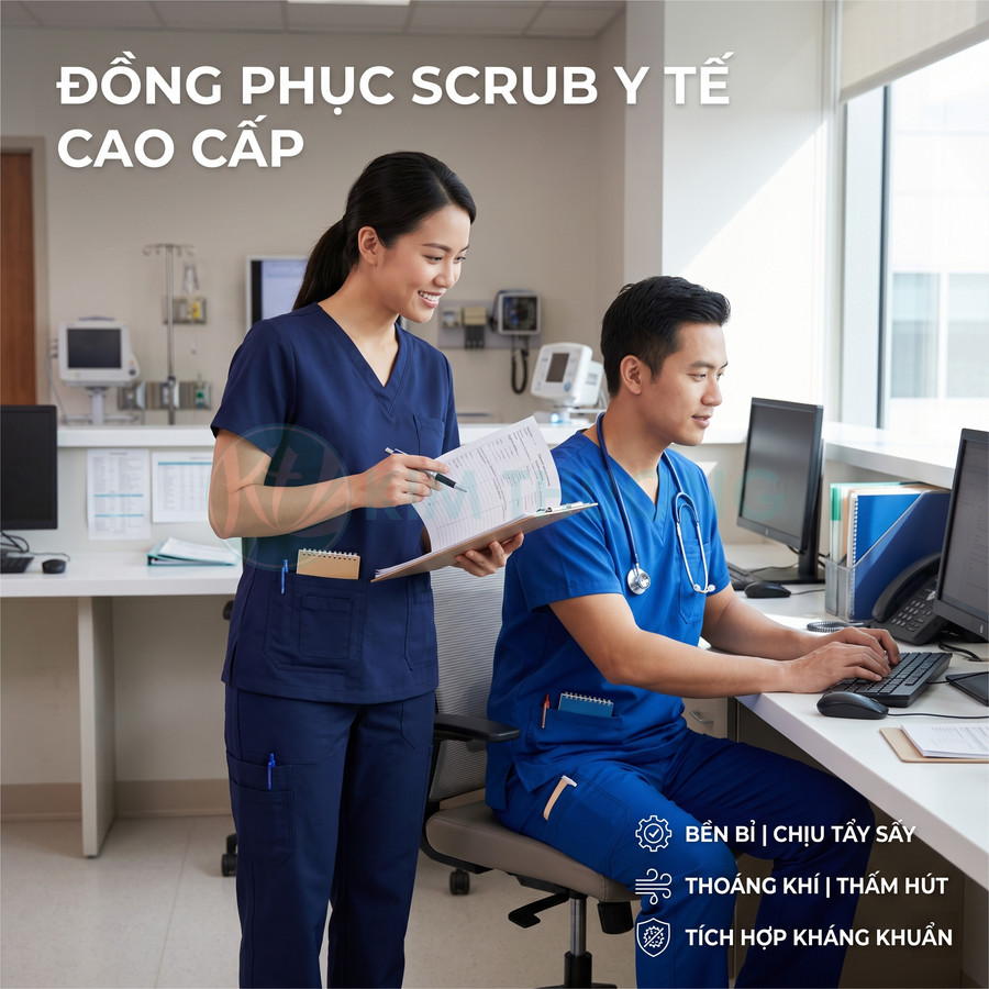 Nhân viên y tế mặc đồng phục scrub y tế cao cấp màu xanh navy và xanh dương trong phòng khám hiện đại