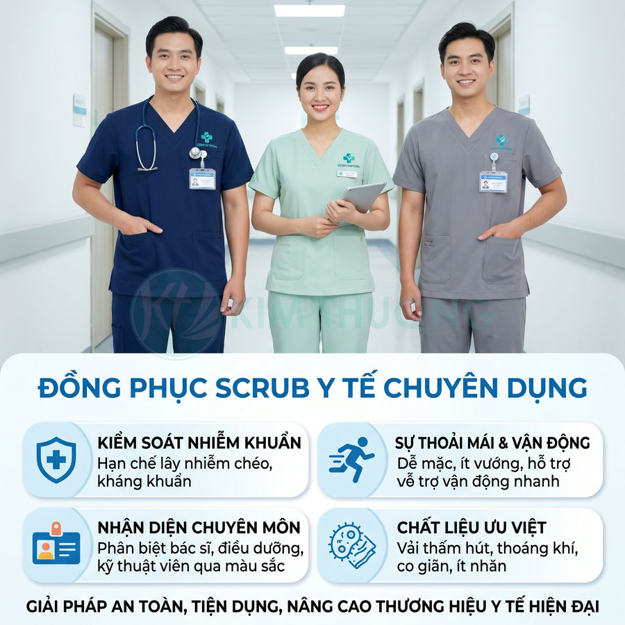 Đồng phục scrub y tế chuyên dụng nhiều màu cho bác sĩ và điều dưỡng trong bệnh viện, phòng khám hiện đại