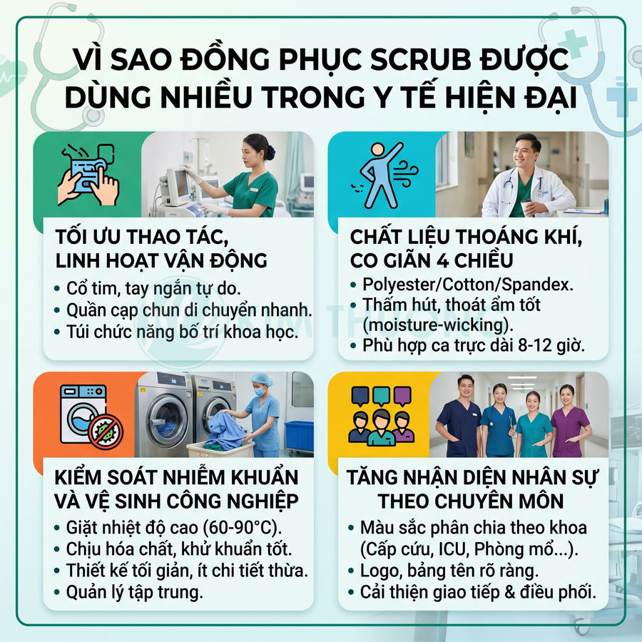Đồng phục scrub y tế nhiều màu cho bác sĩ và điều dưỡng trong bệnh viện hiện đại