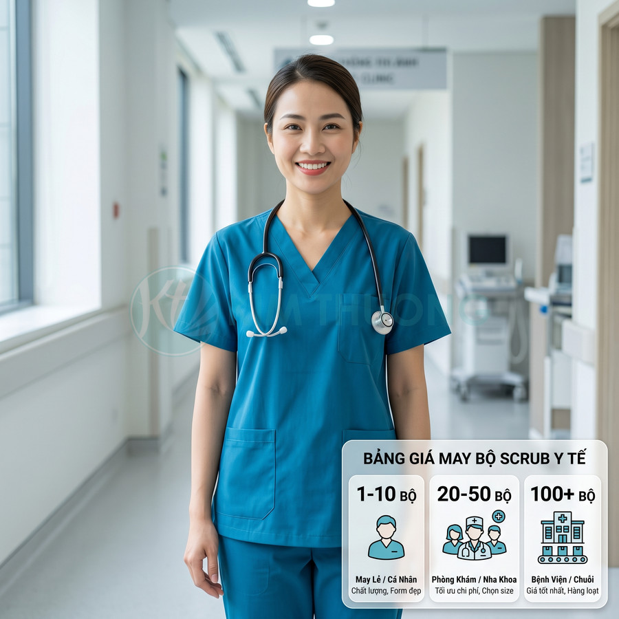 Bộ scrub y tế màu xanh dương cho bác sĩ nữ kèm bảng giá may đồng phục bệnh viện