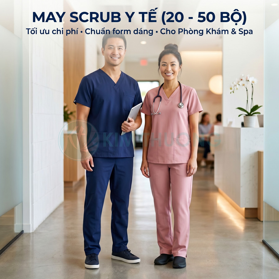 Đồng phục scrub y tế màu xanh navy và hồng pastel cho nhân viên phòng khám và spa