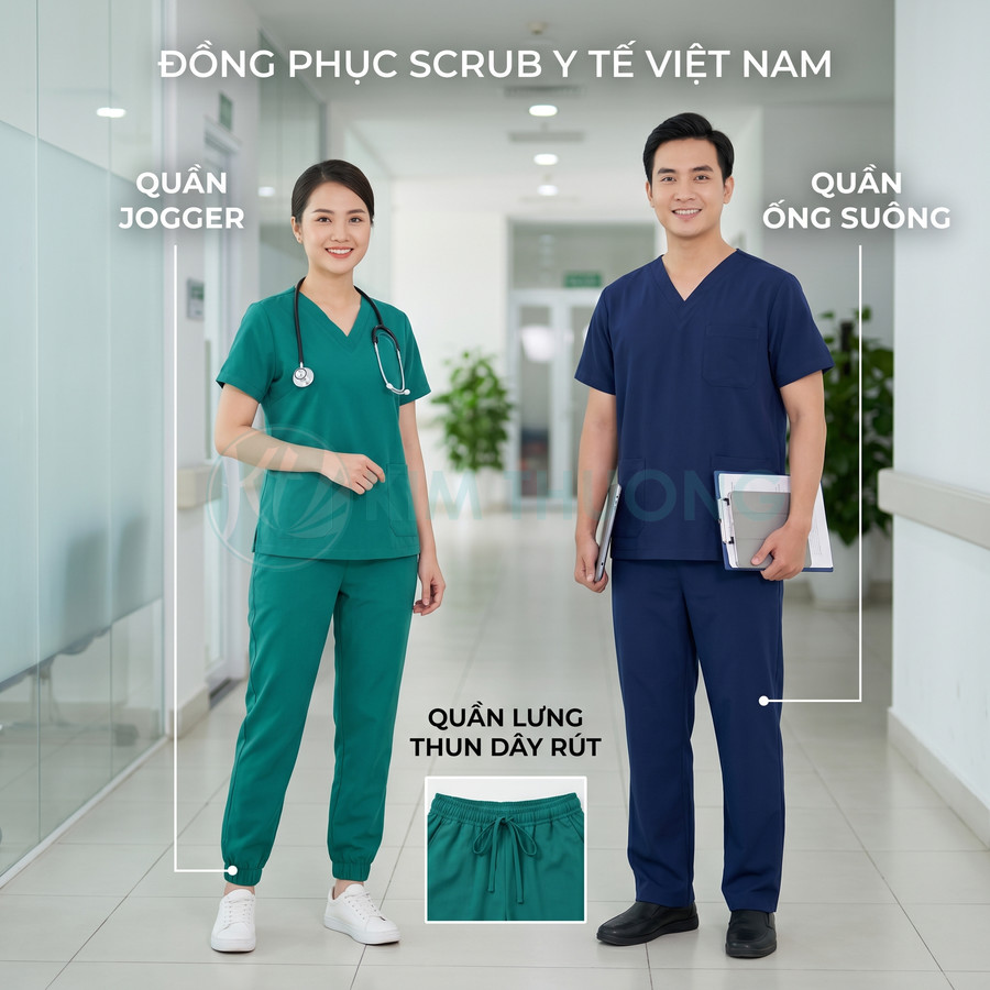 Đồng phục scrub y tế Việt Nam với mẫu quần jogger và quần ống suông lưng thun dây rút