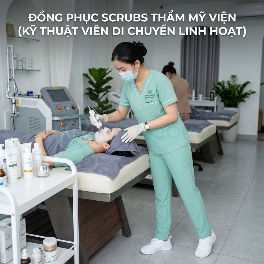 Đồng phục scrubs màu xanh cho kỹ thuật viên spa thẩm mỹ đang chăm sóc da mặt cho khách hàng