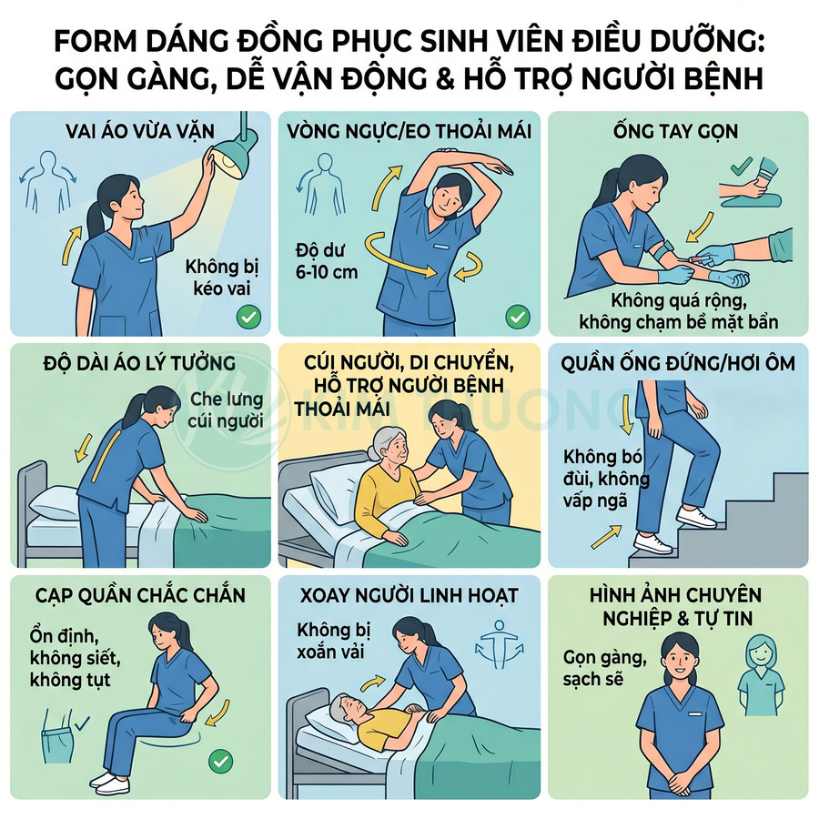 Đồng phục sinh viên điều dưỡng màu xanh, form gọn gàng giúp vận động và hỗ trợ người bệnh thoải mái