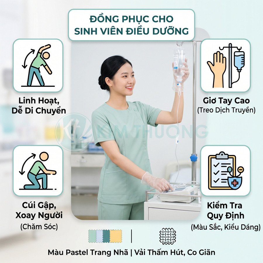 Đồng phục sinh viên điều dưỡng màu xanh pastel, vải thấm hút co giãn, nữ điều dưỡng đứng treo dịch truyền