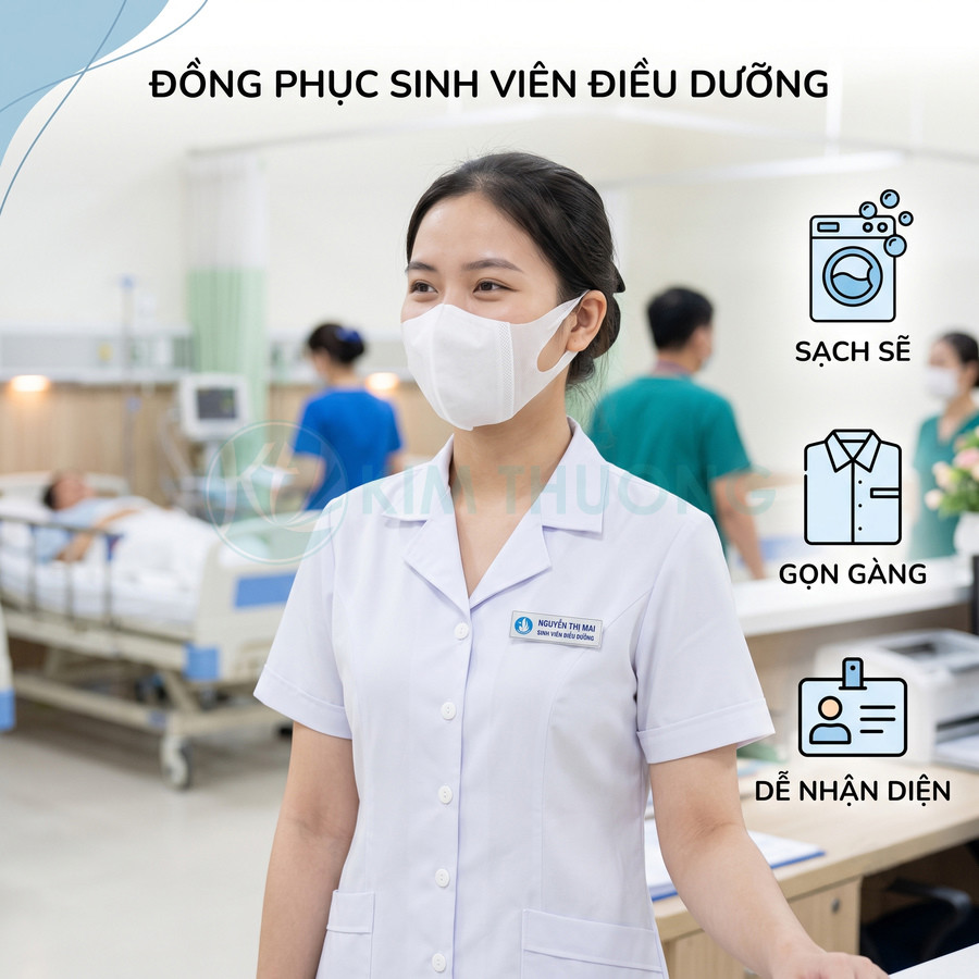 Đồng phục sinh viên điều dưỡng màu trắng sạch sẽ gọn gàng trong bệnh viện, có bảng tên dễ nhận diện