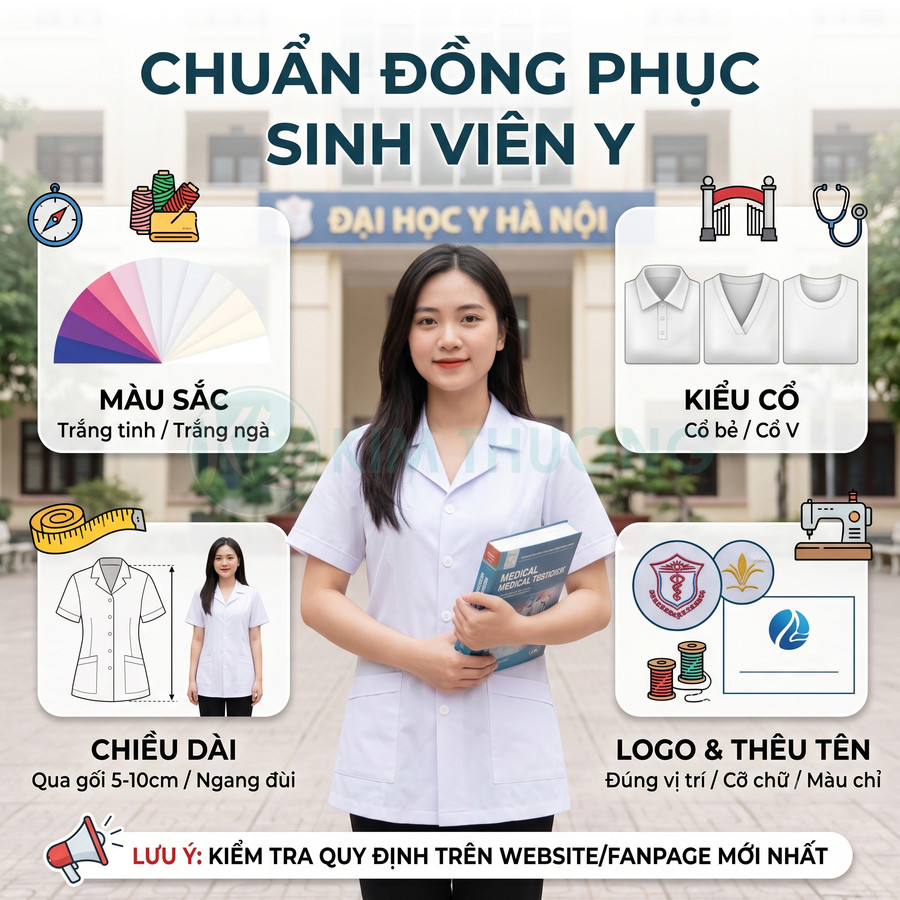 Nữ sinh viên mặc áo blouse trắng ngắn tay cầm sách đứng trước cổng trường đại học y