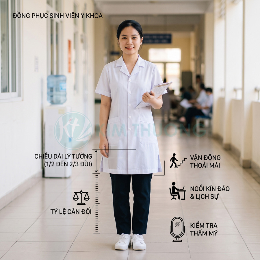 Đồng phục sinh viên y khoa nữ áo blouse trắng tay ngắn quần tối màu giày thể thao trắng cầm sổ đứng hành lang