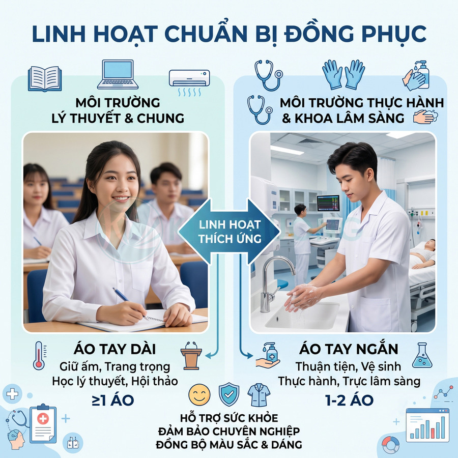 Sinh viên y khoa mặc áo blouse tay dài trong lớp và áo tay ngắn khi thực hành lâm sàng