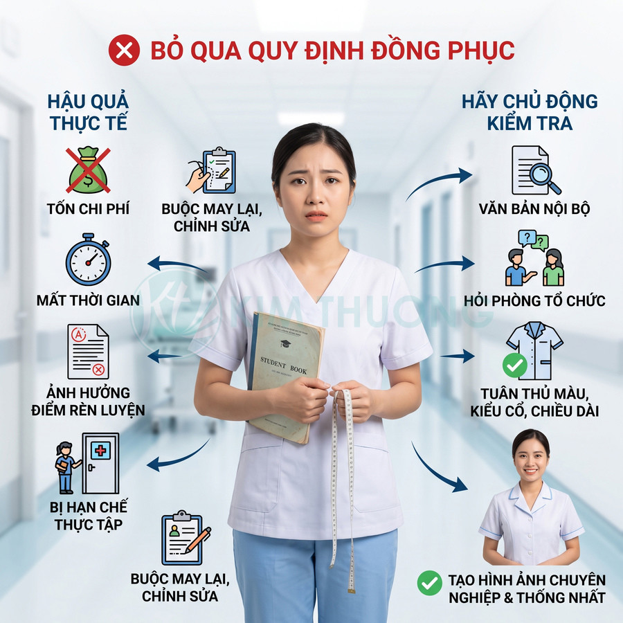 Nữ sinh viên y khoa mặc đồng phục điều dưỡng cầm sổ và thước dây trong hành lang bệnh viện