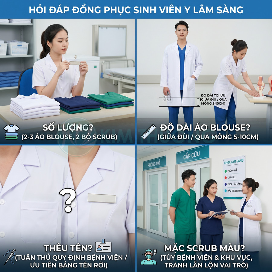 Đồng phục sinh viên y lâm sàng với áo blouse trắng và bộ scrub xanh trong bệnh viện