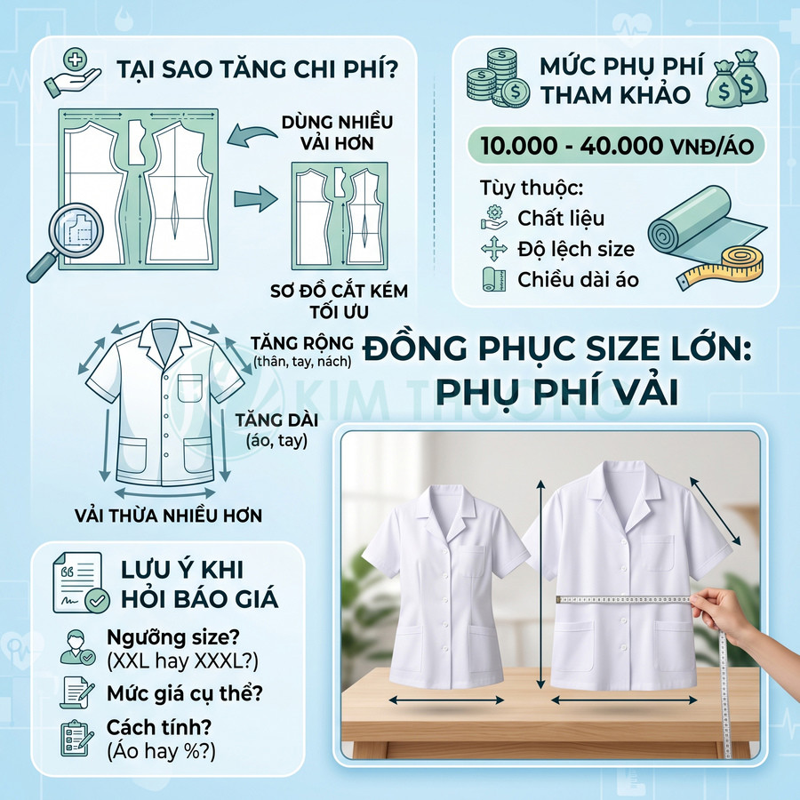 Đồng phục y tế màu trắng size lớn được đo vòng ngực và chiều dài áo trên bàn gỗ