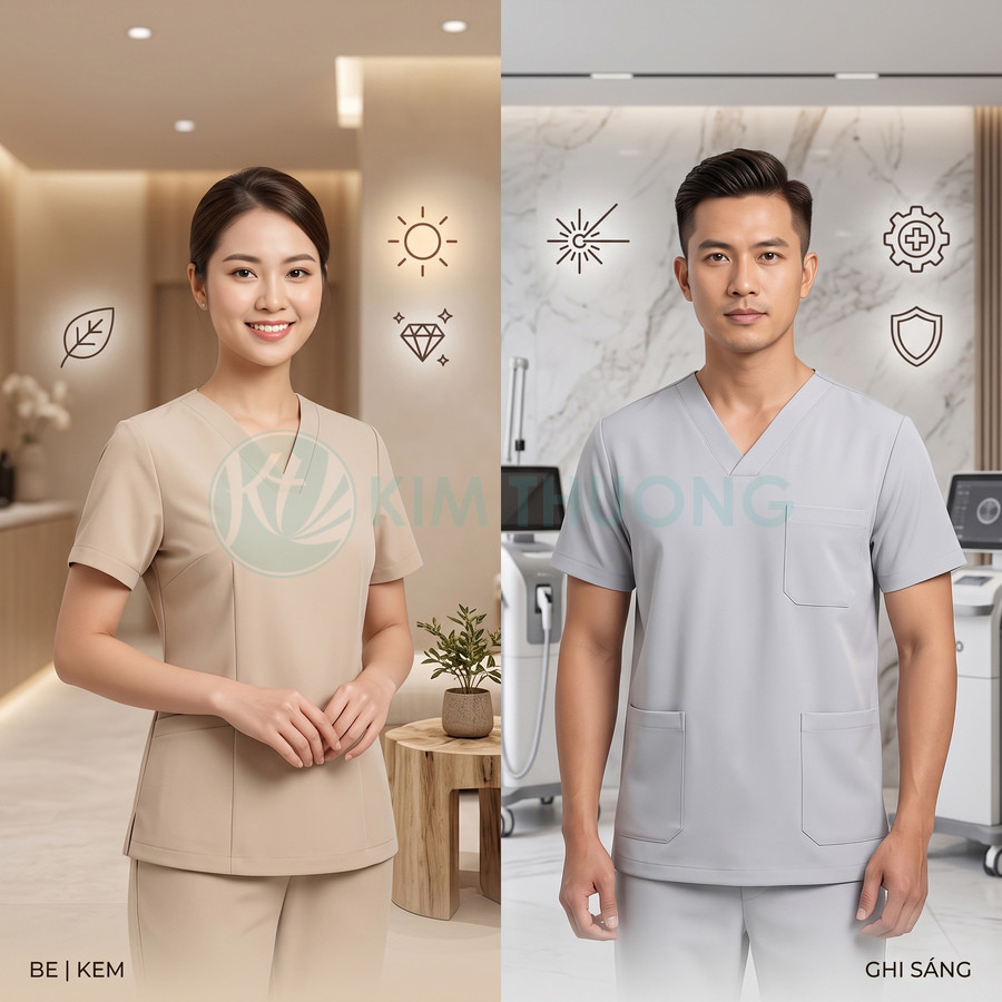 Đồng phục spa màu be cho nữ và màu ghi sáng cho nam, thiết kế tay ngắn cổ tim hiện đại