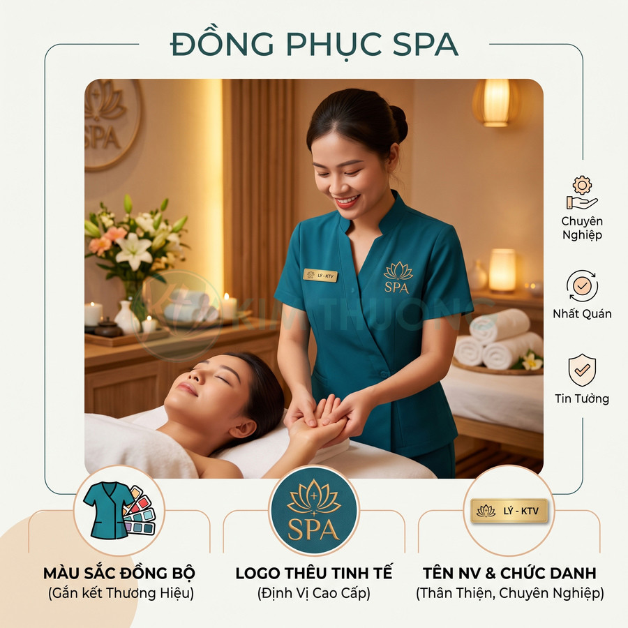 Đồng phục spa màu xanh logo thêu vàng nhân viên massage tay cho khách trong không gian spa thư giãn