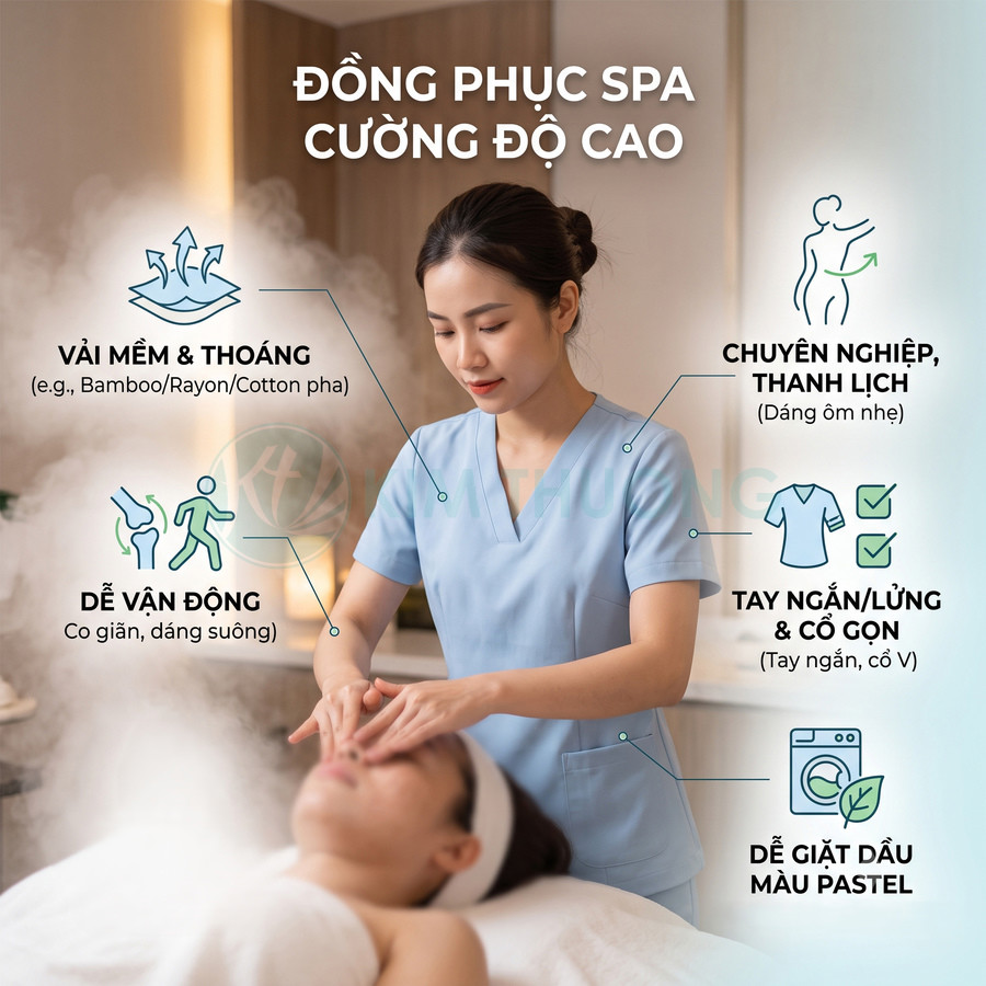 Nhân viên spa mặc đồng phục màu xanh pastel tay ngắn đang massage mặt cho khách hàng nằm trên giường spa